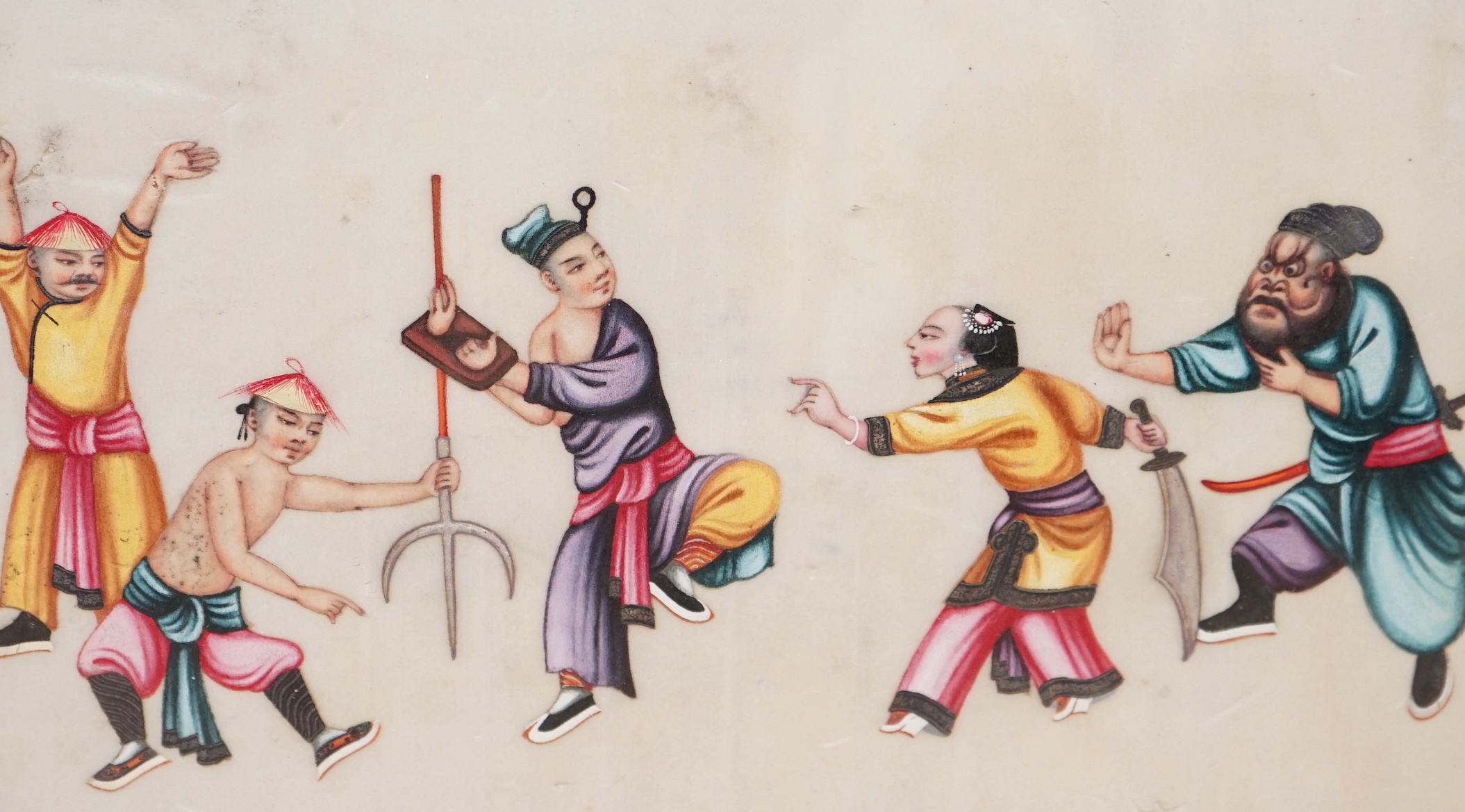 19th century Chinese School, pair of pith paper paintings, Female attendants and dancing figures, 17 x 28cm